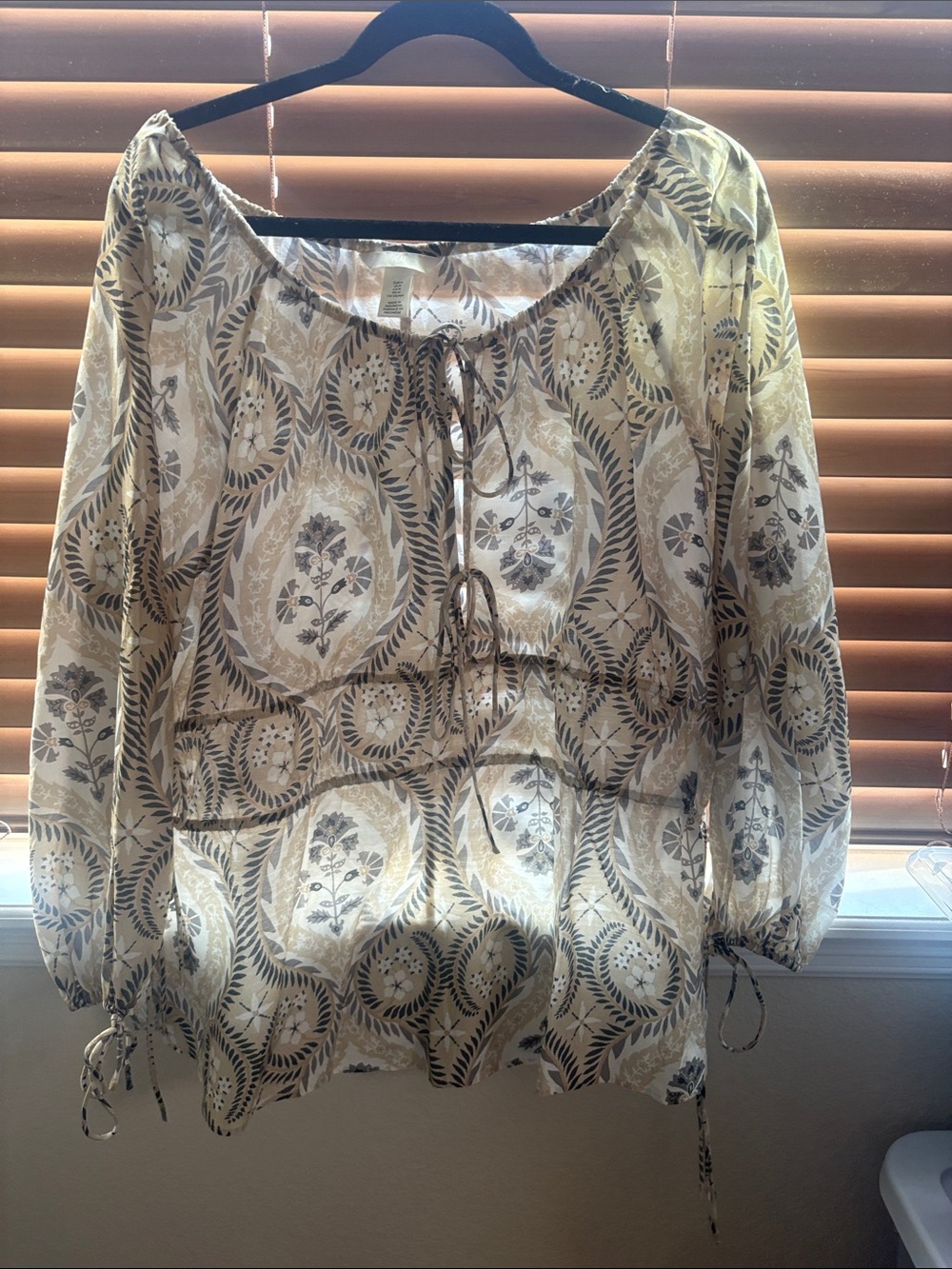 H&M Cream & Brown Tie-Front Boho Peasant Tunic